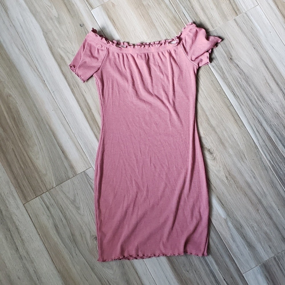 Pink Ribbed Off the Shoulder Bodycon Dress sz XS